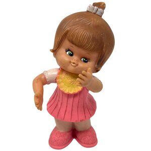 Vintage Stahlwood Toy Rubber Baby Doll Figurine Pink Dress Brown Hair Squeaky